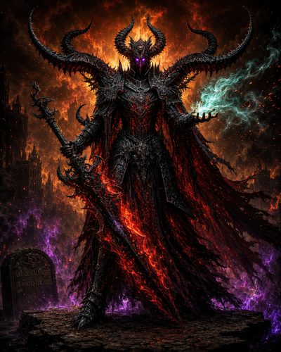 GRID THUMBNAIL — Armoured horned demon warlock with glowing purple eyes wields a flaming greatsword and conjures green fire amid a hellish graveyard of burning ruins.