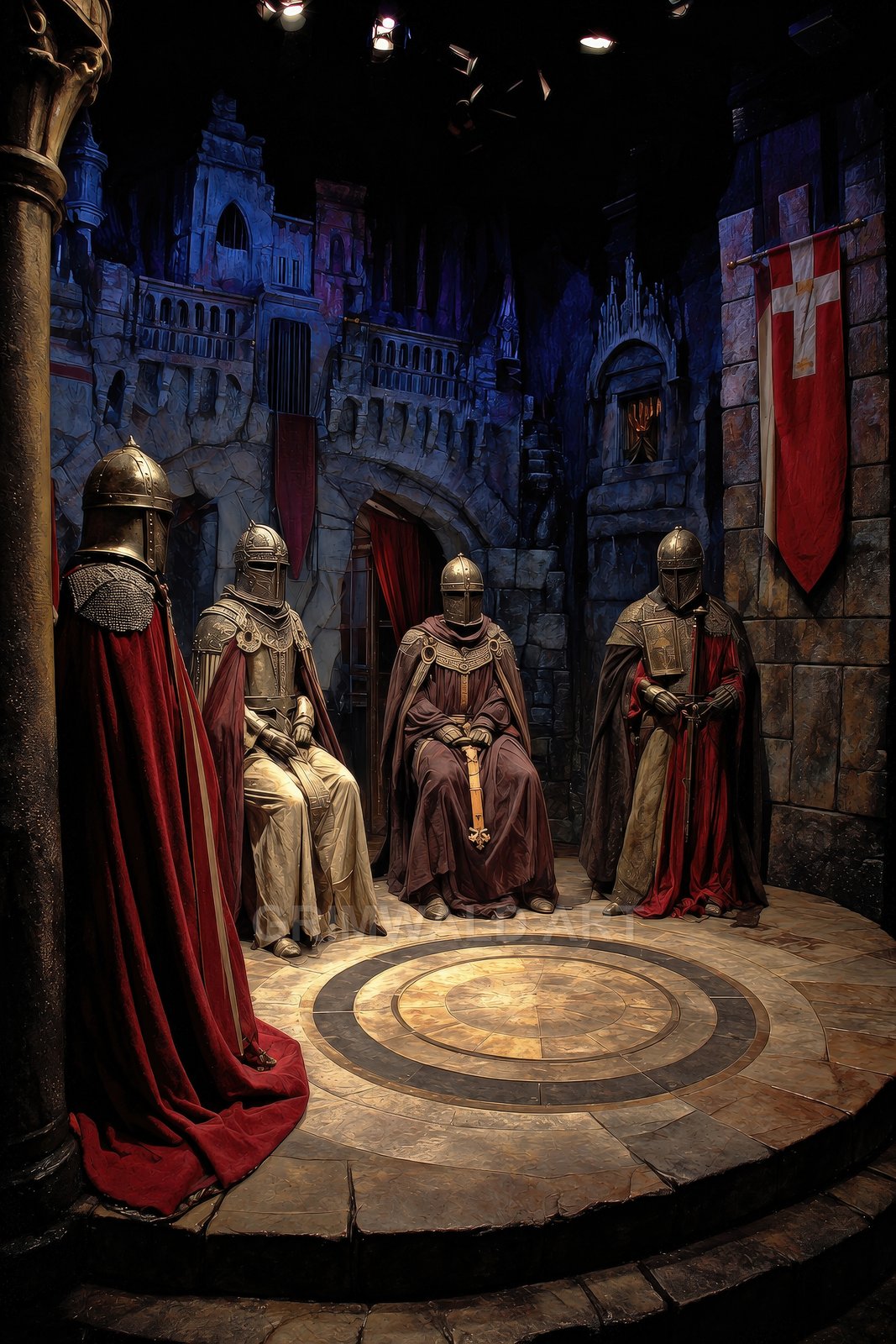 Four armoured, helmed knights seated in a stone castle hall with red banners and a circular dais, lit warmly amid deep shadows.