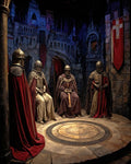 GRID THUMBNAIL — Four armoured, helmed knights seated in a stone castle hall with red banners and a circular dais, lit warmly amid deep shadows.