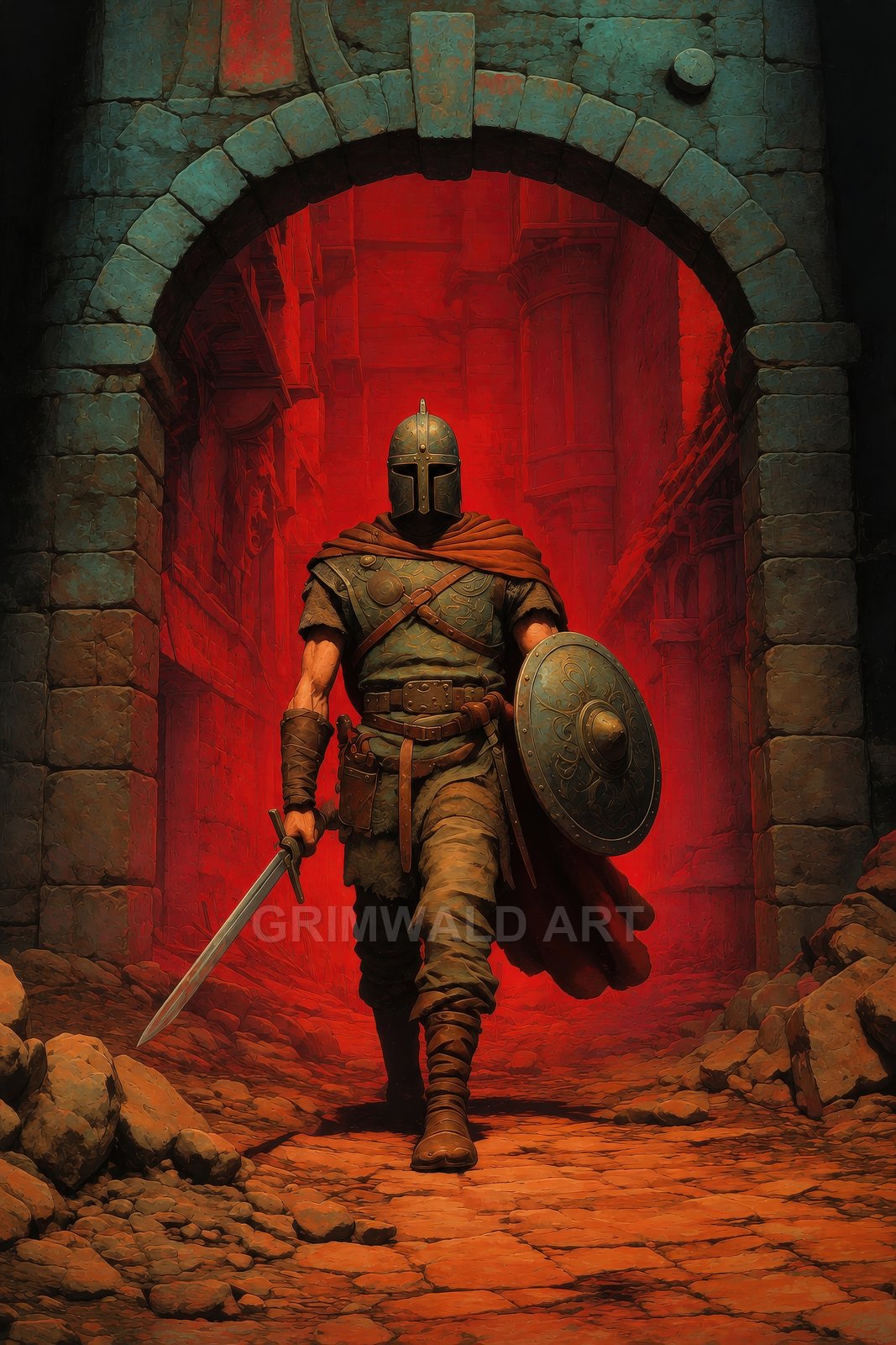 Armoured warrior with helmet, cloak, sword and round shield strides through a stone archway into a red firelit ruin, gritty heroic fantasy mood.