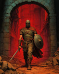 GRID THUMBNAIL — Armoured warrior with helmet, cloak, sword and round shield strides through a stone archway into a red firelit ruin, gritty heroic fantasy mood.