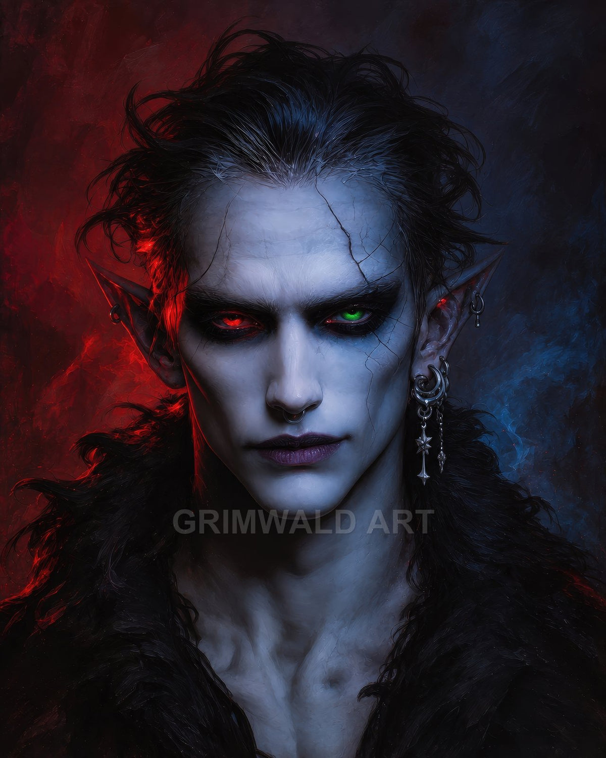 Androgynous vampire portrait with cracked pale skin, mismatched glowing eyes, pointed ears, and ornate earrings, against split red and blue smoky background.