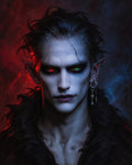 GRID THUMBNAIL — Androgynous vampire portrait with cracked pale skin, mismatched glowing eyes, pointed ears, and ornate earrings, against split red and blue smoky background.