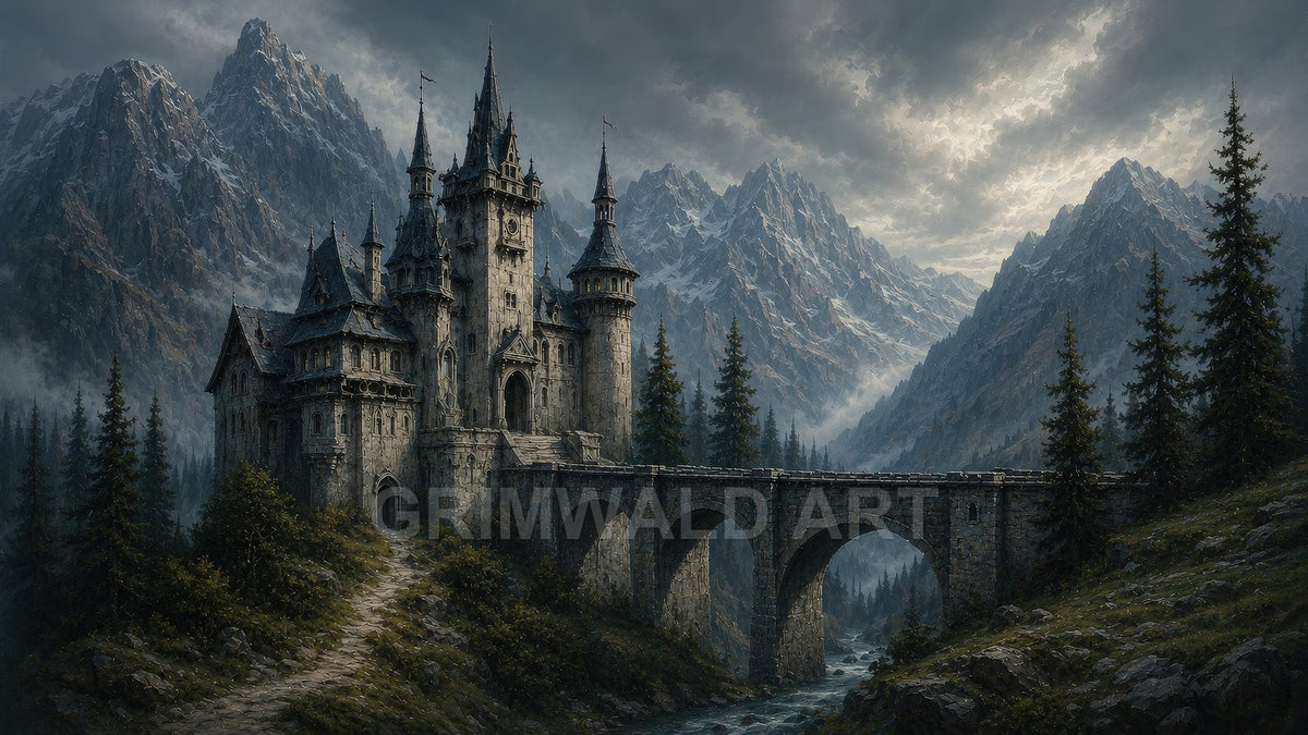 Gothic stone castle with tall spires beside an arched bridge over a river, nestled among pine forests and jagged mountains under brooding clouds.