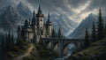 GRID THUMBNAIL — Gothic stone castle with tall spires beside an arched bridge over a river, nestled among pine forests and jagged mountains under brooding clouds.