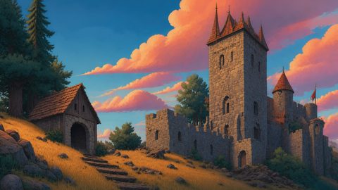 GRID THUMBNAIL — Stone castle with towers on a grassy hillside under pink sunset clouds, with a small wooden gatehouse and tall pines beside a stone path.