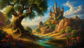GRID THUMBNAIL — A winding turquoise river flows through a sunlit valley toward a spired hilltop castle, framed by a gnarled tree and clusters of red toadstools.
