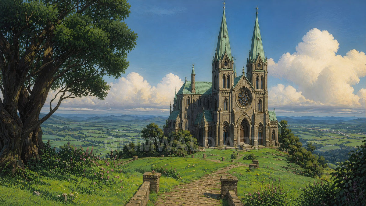 Gothic cathedral with copper spires on a sunlit hilltop, cobbled path, large tree, rolling green valley and distant mountains under blue sky.