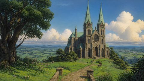 GRID THUMBNAIL — Gothic cathedral with copper spires on a sunlit hilltop, cobbled path, large tree, rolling green valley and distant mountains under blue sky.