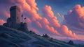 GRID THUMBNAIL — A stone hilltop watchtower with flags overlooking a winding path at sunset, framed by vast rose-pink clouds and distant blue mountains.