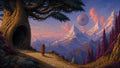 GRID THUMBNAIL — Fantasy mountain landscape at sunset with an enormous hollow tree, cobbled path, purple firs, distant snowy peaks and a floating ringed orb.