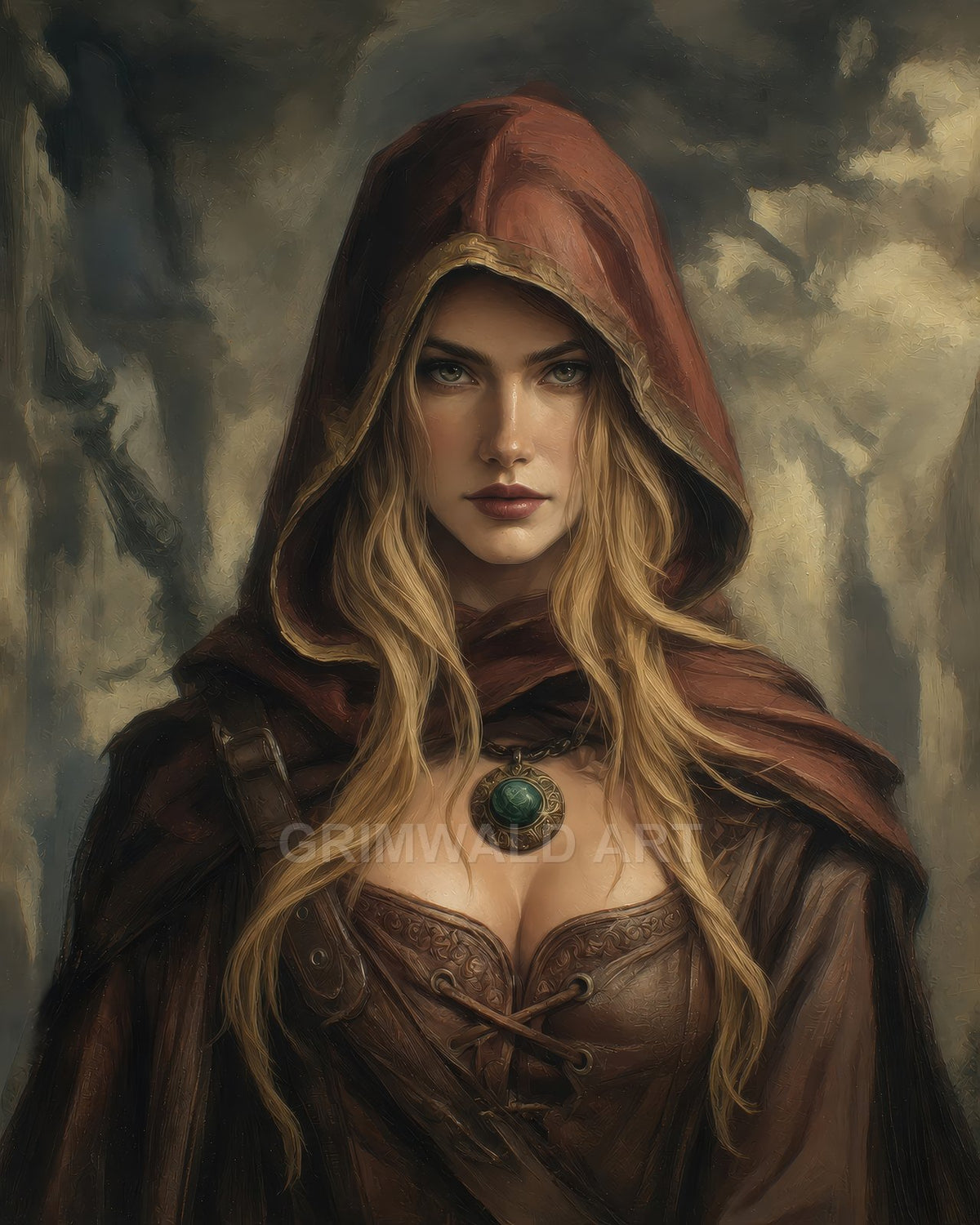 Blonde woman in a red hooded cloak and leather bodice, wearing a green gemstone pendant, before weathered stone ruins in a moody fantasy portrait.