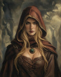 GRID THUMBNAIL — Blonde woman in a red hooded cloak and leather bodice, wearing a green gemstone pendant, before weathered stone ruins in a moody fantasy portrait.