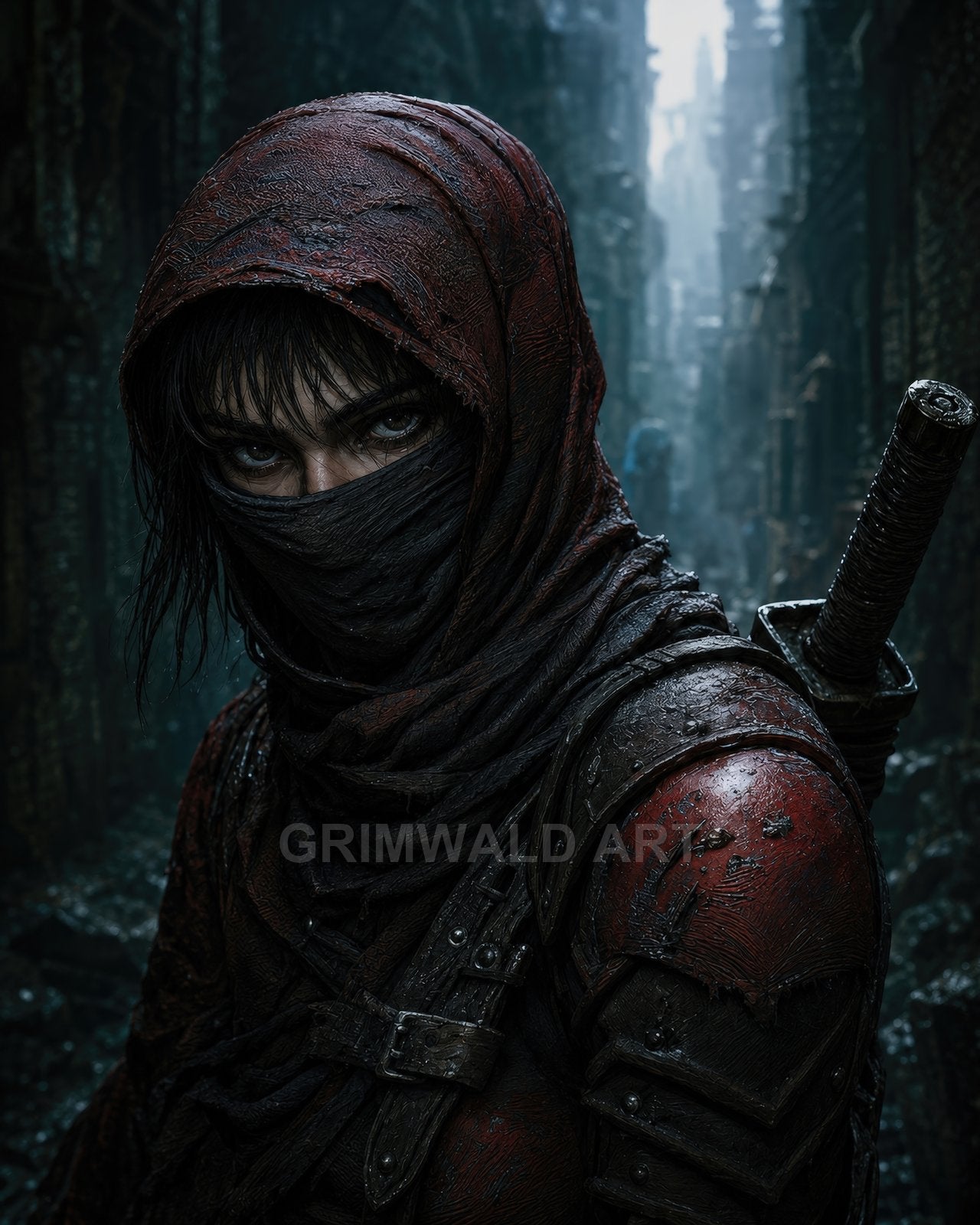Hooded, masked figure with intense eyes and wet, weathered armour stands in a narrow, rain-darkened city alley, a sheathed sword over the shoulder.