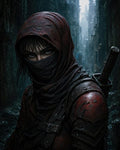GRID THUMBNAIL — Hooded, masked figure with intense eyes and wet, weathered armour stands in a narrow, rain-darkened city alley, a sheathed sword over the shoulder.