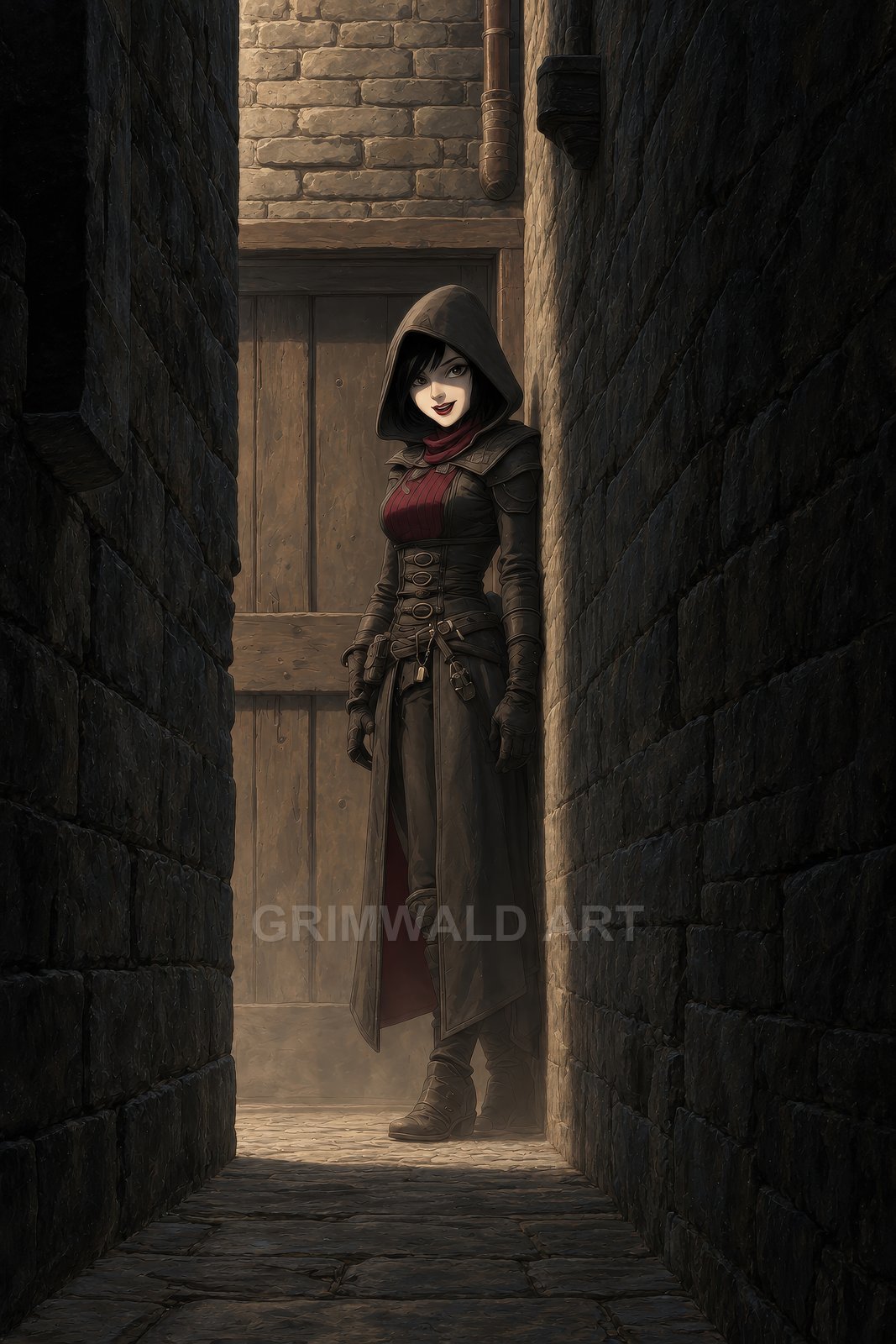 Hooded female rogue in a narrow stone alley beside a wooden door, wearing leather armour and gloves, half-lit at night with a knowing smile.