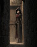 GRID THUMBNAIL — Hooded female rogue in a narrow stone alley beside a wooden door, wearing leather armour and gloves, half-lit at night with a knowing smile.