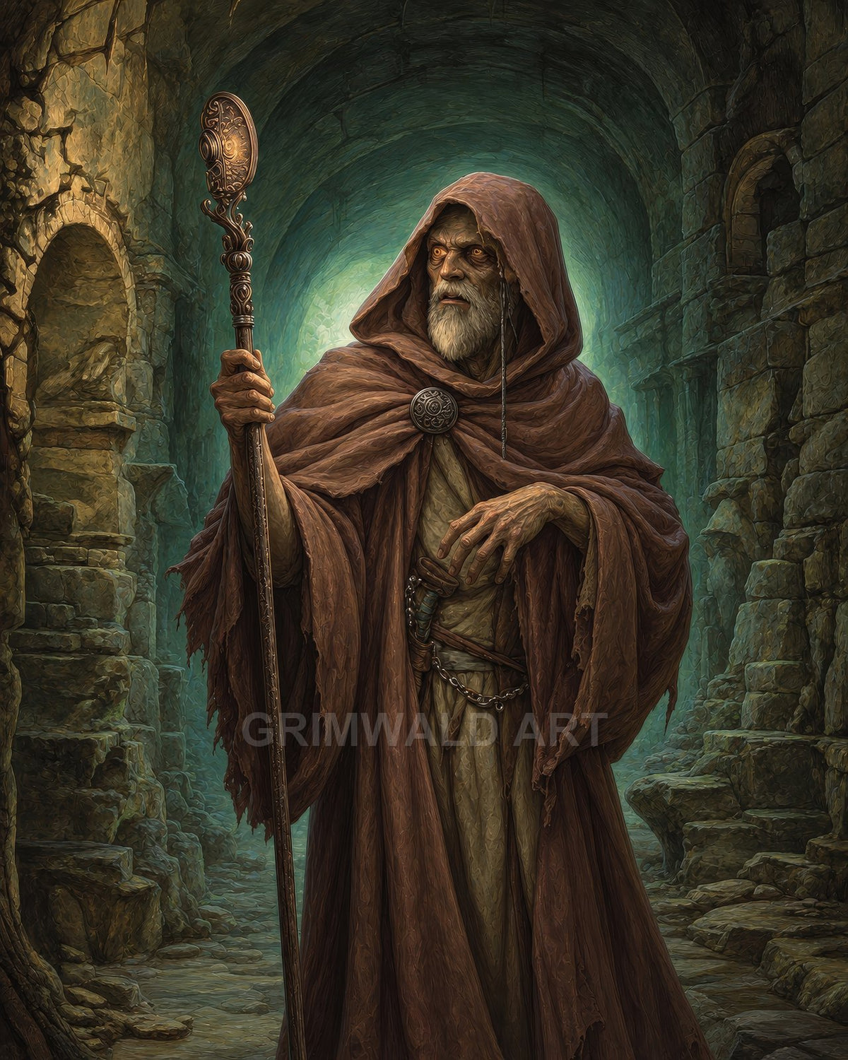 Elderly hooded wizard in brown robes holds an ornate staff within a crumbling stone corridor, lit by an eerie green-blue glow.