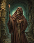 GRID THUMBNAIL — Elderly hooded wizard in brown robes holds an ornate staff within a crumbling stone corridor, lit by an eerie green-blue glow.