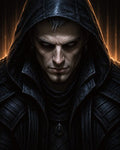 GRID THUMBNAIL — Dark fantasy portrait of a hooded male assassin in black leather, intense gaze, firelit rim light behind, gothic tones and sharp pendant.