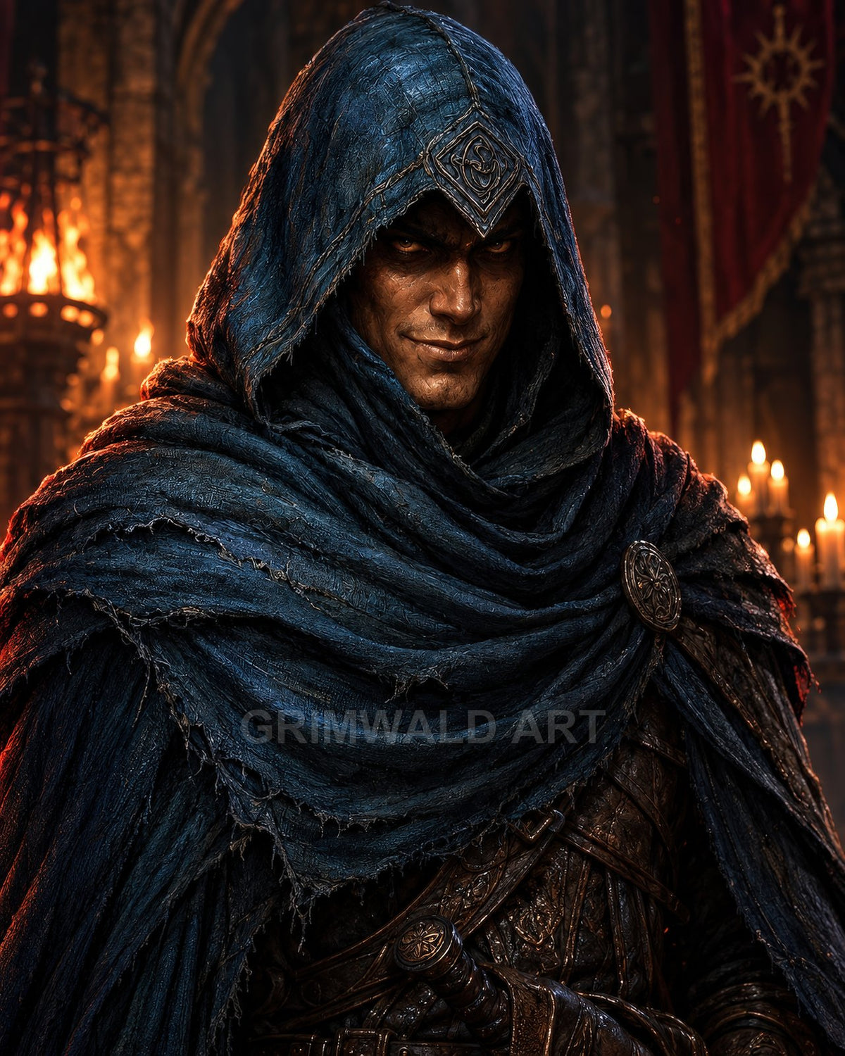 A hooded male rogue in a tattered blue cloak smirks in a candlelit cathedral interior, leather armour and dagger hilt glinting in warm firelight.