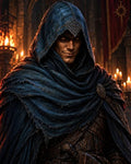 GRID THUMBNAIL — A hooded male rogue in a tattered blue cloak smirks in a candlelit cathedral interior, leather armour and dagger hilt glinting in warm firelight.