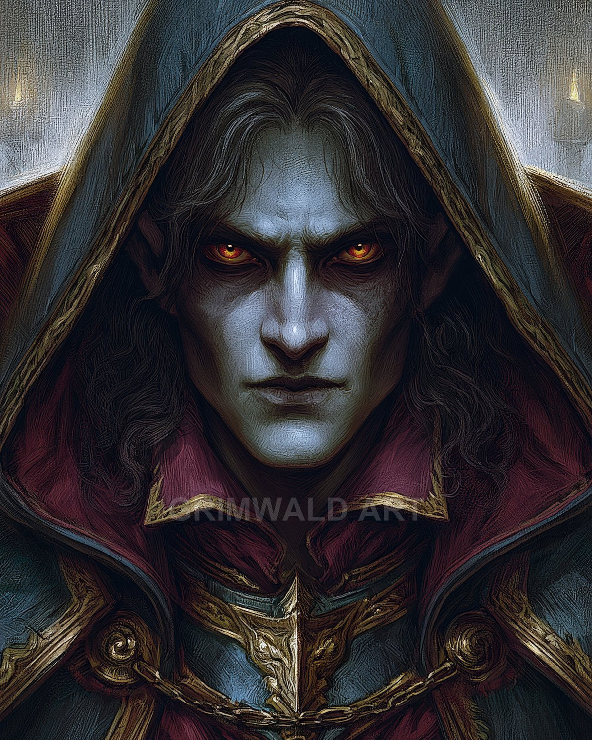 Close-up portrait of a hooded vampire with glowing amber eyes, pale blue skin, and ornate gold-trimmed cloak, lit by distant candles.
