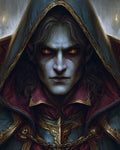 GRID THUMBNAIL — Close-up portrait of a hooded vampire with glowing amber eyes, pale blue skin, and ornate gold-trimmed cloak, lit by distant candles.
