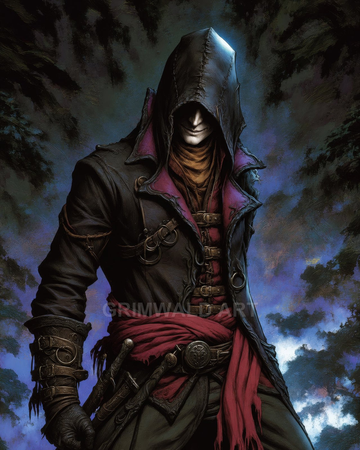 Hooded rogue in dark leather with purple lining and red sash stands in a twilight forest, gripping daggers, face shadowed in ominous mystery.