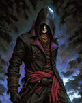 GRID THUMBNAIL — Hooded rogue in dark leather with purple lining and red sash stands in a twilight forest, gripping daggers, face shadowed in ominous mystery.