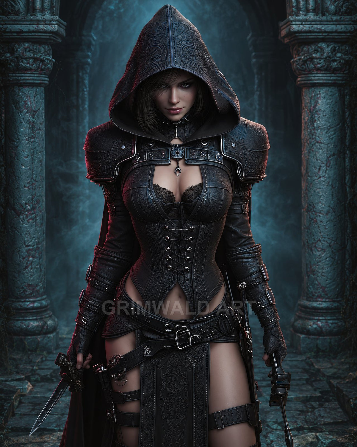 A hooded female assassin in ornate black leather armour stands between carved stone columns, gripping twin daggers amid swirling mist under moonlit gloom.