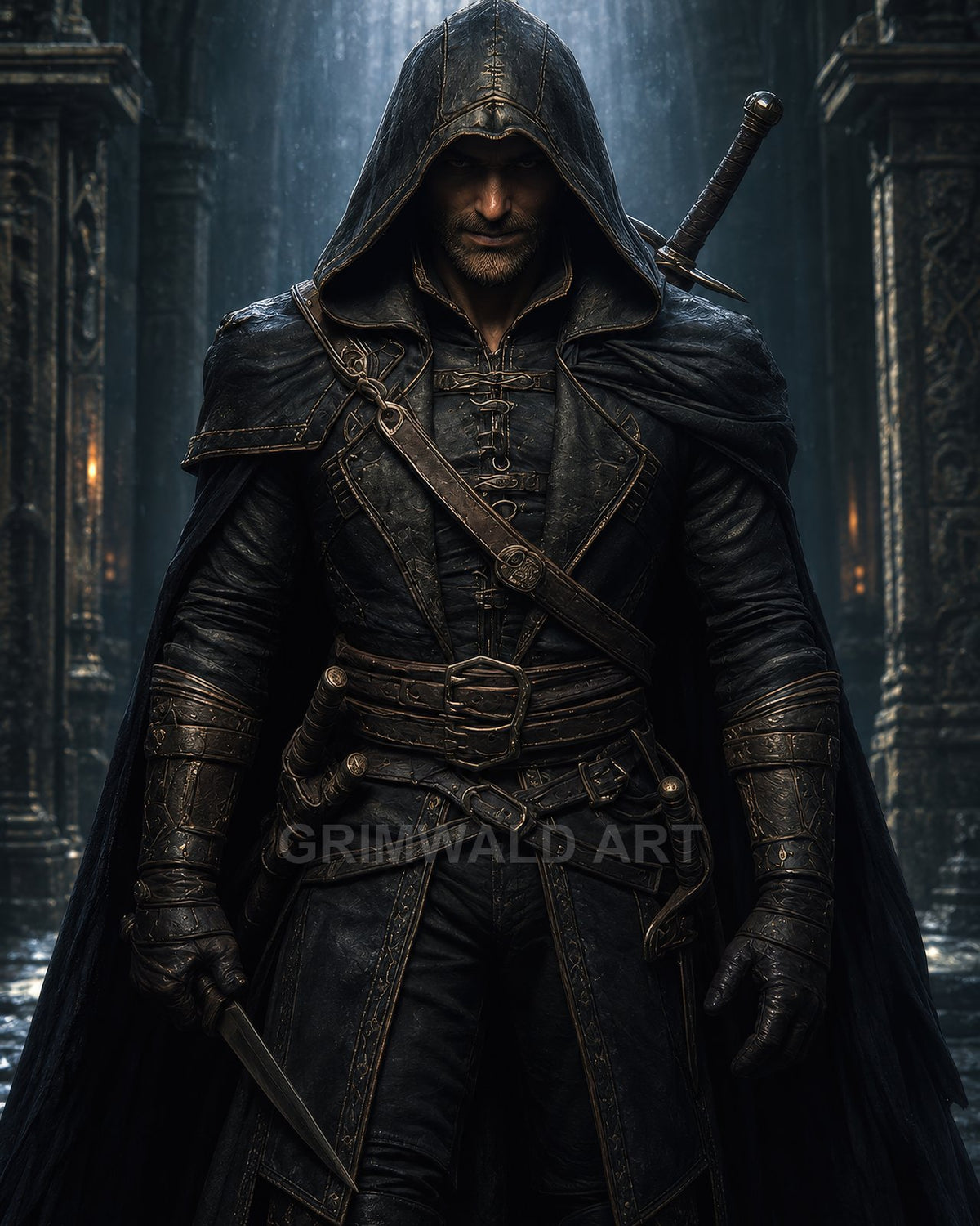 A hooded male assassin in black leather armour grips a dagger, sword on his back, standing in a shadowed cathedral interior with cold light shafts.