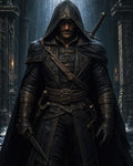 GRID THUMBNAIL — A hooded male assassin in black leather armour grips a dagger, sword on his back, standing in a shadowed cathedral interior with cold light shafts.