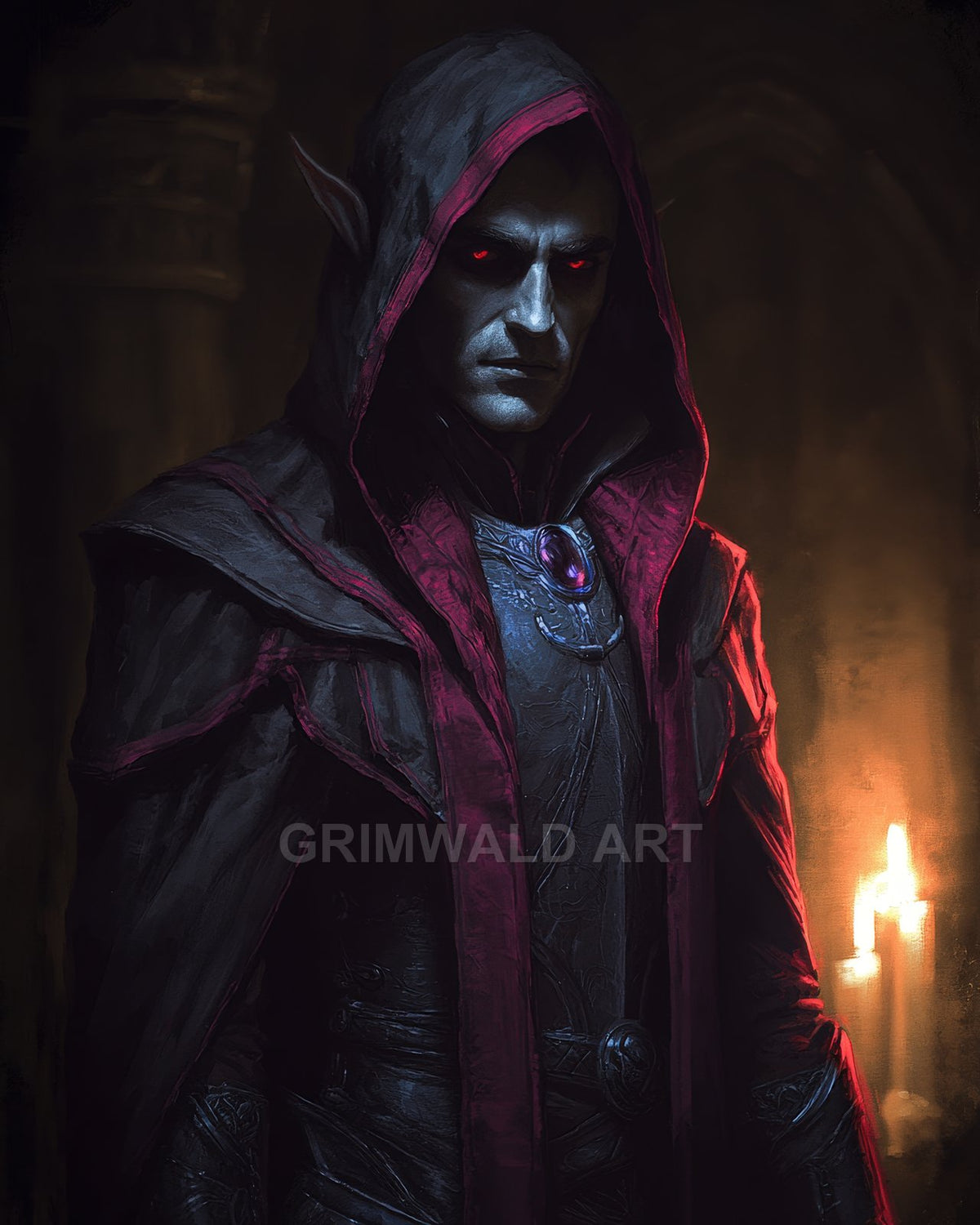 Hooded elf sorcerer with glowing red eyes stands in a dark interior, black and crimson robes, amulet gleaming, candles burning behind.