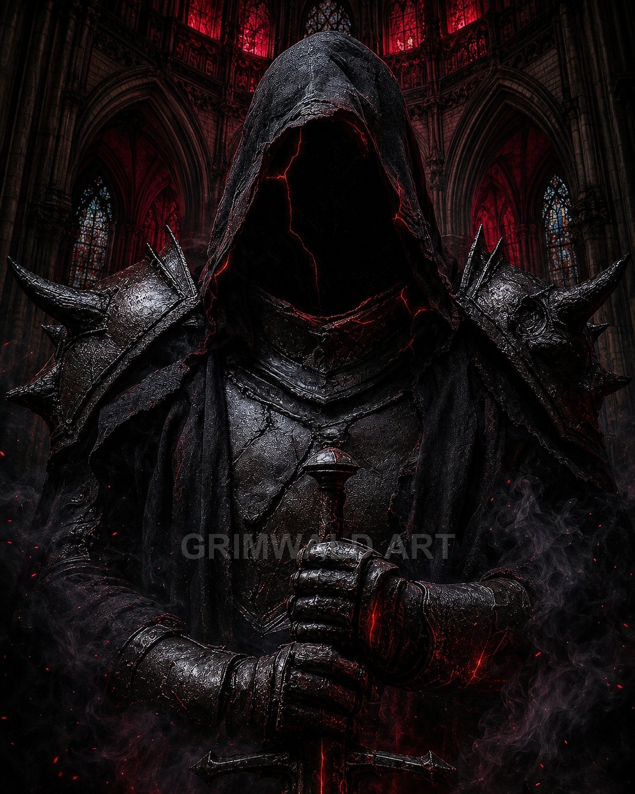 Hooded armoured figure with glowing red fissures grips a sword inside a firelit Gothic cathedral, spiked pauldrons and embers drifting in darkness.