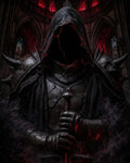 GRID THUMBNAIL — Hooded armoured figure with glowing red fissures grips a sword inside a firelit Gothic cathedral, spiked pauldrons and embers drifting in darkness.