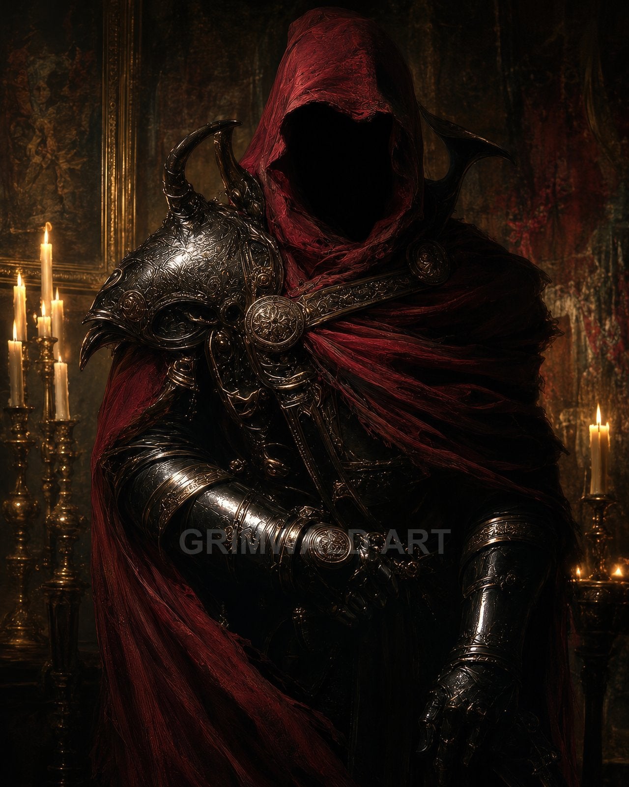 A hooded, faceless knight in ornate black armour and crimson cloak stands in a candlelit chamber, gothic details gleaming in warm firelight.