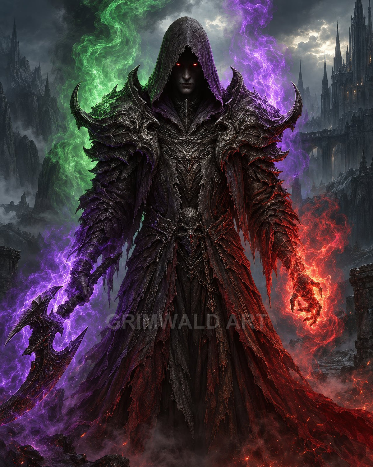Hooded armoured death knight with glowing red eyes conjures red fire and purple energy before a gothic castle amid mist and ruins.