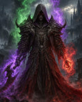 GRID THUMBNAIL — Hooded armoured death knight with glowing red eyes conjures red fire and purple energy before a gothic castle amid mist and ruins.
