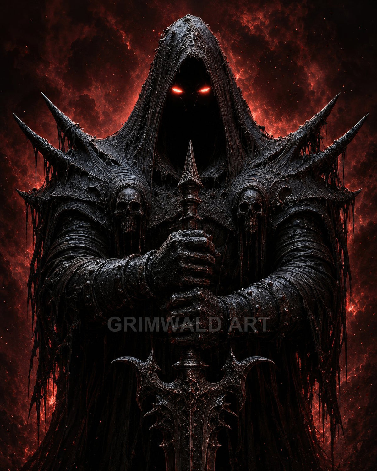 Hooded dark knight with glowing red eyes grips an ornate sword, clad in spiked, skull-adorned armour before a swirling fiery red backdrop.