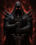 GRID THUMBNAIL — Hooded dark knight with glowing red eyes grips an ornate sword, clad in spiked, skull-adorned armour before a swirling fiery red backdrop.