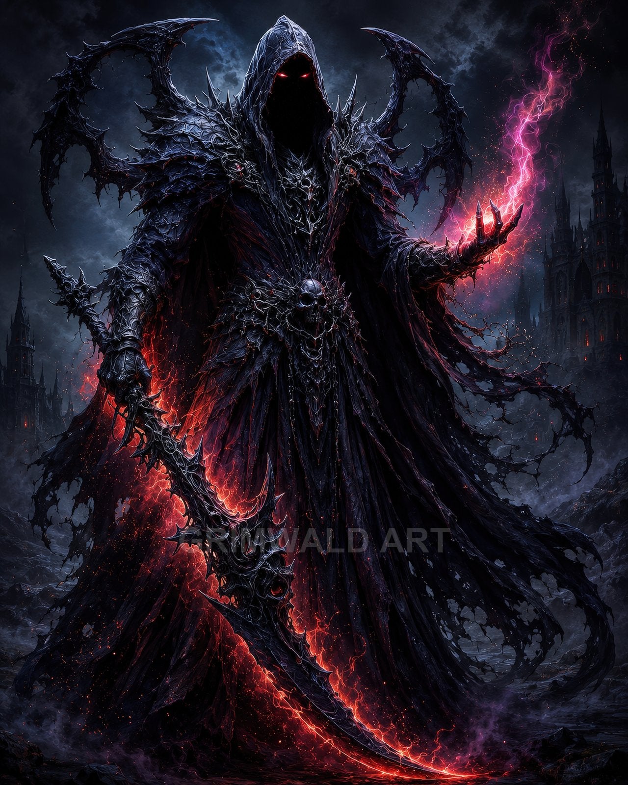 Armoured hooded figure with glowing red eyes wields a jagged flaming sword, conjuring purple energy, before gothic cathedrals under a stormy night sky.