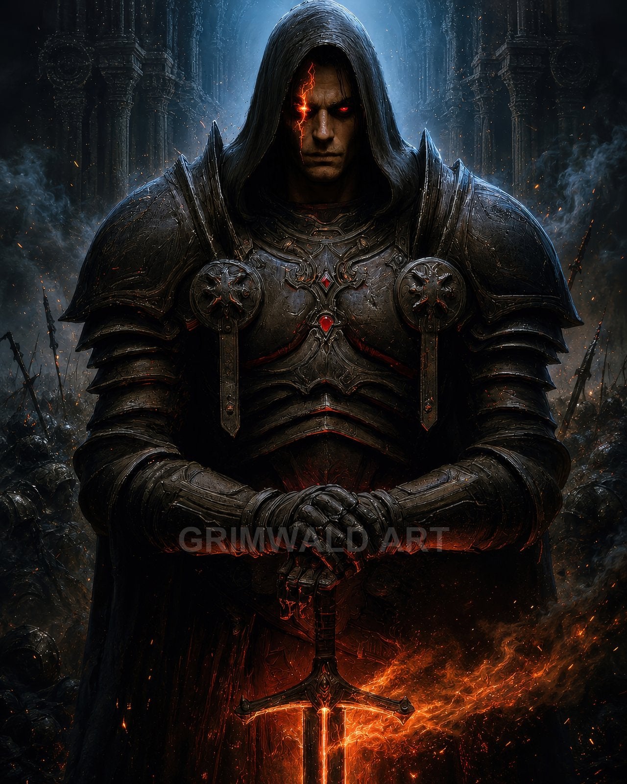 Hooded armoured knight with glowing red eye grips a flaming sword amid gothic ruins, embers rising around dark steel plates and battle-scarred backdrop.