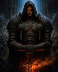 GRID THUMBNAIL — Hooded armoured knight with glowing red eye grips a flaming sword amid gothic ruins, embers rising around dark steel plates and battle-scarred backdrop.