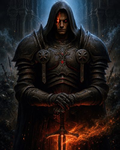 GRID THUMBNAIL — Hooded armoured knight with glowing red eye grips a flaming sword amid gothic ruins, embers rising around dark steel plates and battle-scarred backdrop.