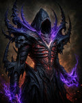 GRID THUMBNAIL — Hooded demon in baroque black armour wreathed with spikes and skulls, hands crackling with violet lightning, red glow burning through the chest in a firelit gloom.