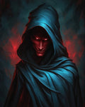 GRID THUMBNAIL — Portrait of a hooded red-skinned demon with glowing eyes and a sly grin, teal cloak in firelit darkness with red embers.
