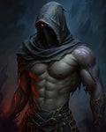 GRID THUMBNAIL — Hooded, shirtless demon with grey skin and a single glowing red eye, veined with purple energy, looming against a shadowy background.