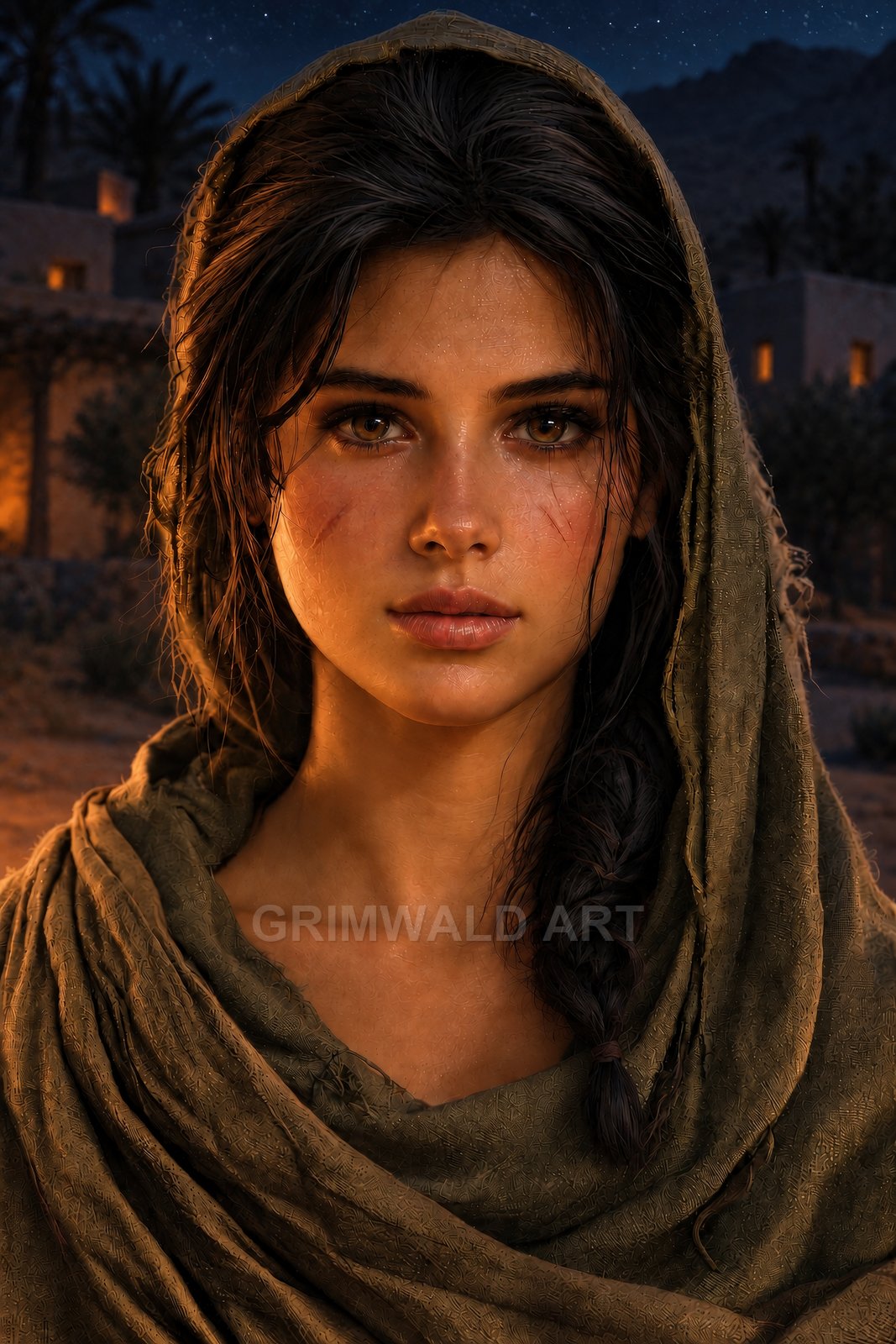 Firelit close-up of a hooded young woman with braided hair and cheek scars, standing in a desert village at night under stars.