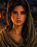 GRID THUMBNAIL — Firelit close-up of a hooded young woman with braided hair and cheek scars, standing in a desert village at night under stars.
